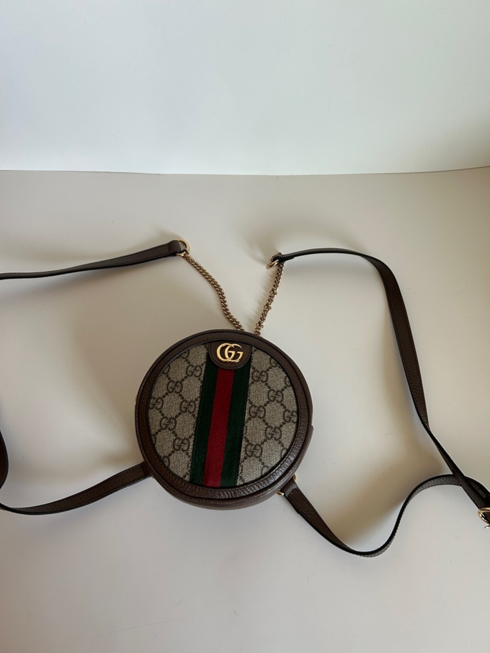 Gucci Brown GG Web Round Crossbody with Green & Red Stripe - Picture 2 of 5
